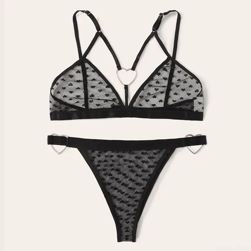 Women's Sexy Heart Print Lingerie Set - Erotic Transparent Mesh Bralette with Ring Linked Detail, 2-Piece Intimate Underwear showcase 9