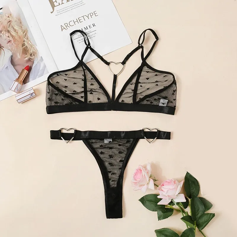 Women's Sexy Heart Print Lingerie Set - Erotic Transparent Mesh Bralette with Ring Linked Detail, 2-Piece Intimate Underwear showcase 8