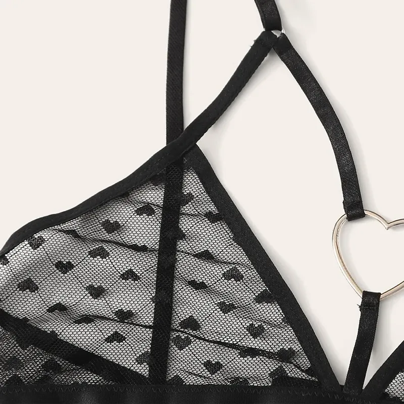 Women's Sexy Heart Print Lingerie Set - Erotic Transparent Mesh Bralette with Ring Linked Detail, 2-Piece Intimate Underwear showcase 11