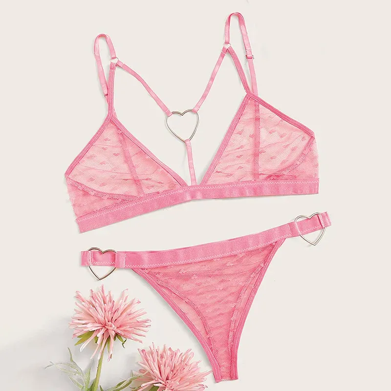 Women's Sexy Heart Print Lingerie Set - Erotic Transparent Mesh Bralette with Ring Linked Detail, 2-Piece Intimate Underwear showcase 1