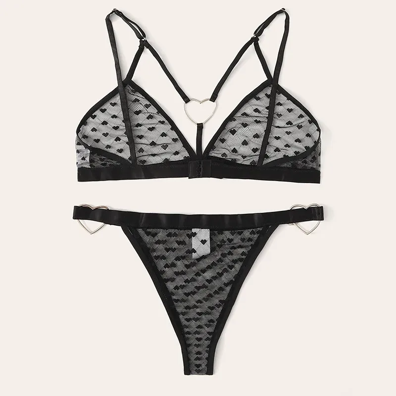 Women's Sexy Heart Print Lingerie Set - Erotic Transparent Mesh Bralette with Ring Linked Detail, 2-Piece Intimate Underwear showcase 10