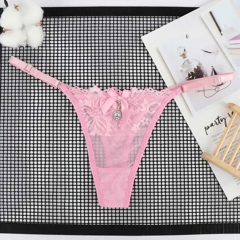 Women's Sexy Lace Thong Panties with Pearl Pendant, Adjustable G-String T-Back Briefs, Comfortable Embroidery Lingerie for Ladies thumbnail 4