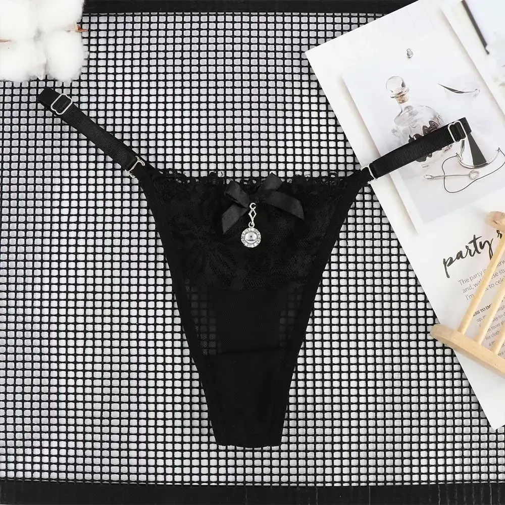 Women's Sexy Lace Thong Panties with Pearl Pendant, Adjustable G-String T-Back Briefs, Comfortable Embroidery Lingerie for Ladies thumbnail 3