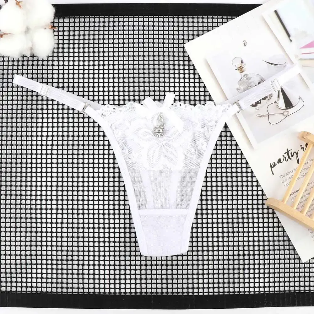 Women's Sexy Lace Thong Panties with Pearl Pendant, Adjustable G-String T-Back Briefs, Comfortable Embroidery Lingerie for Ladies thumbnail 5