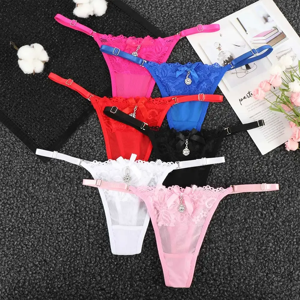 Women's Sexy Lace Thong Panties with Pearl Pendant, Adjustable G-String T-Back Briefs, Comfortable Embroidery Lingerie for Ladies showcase 5