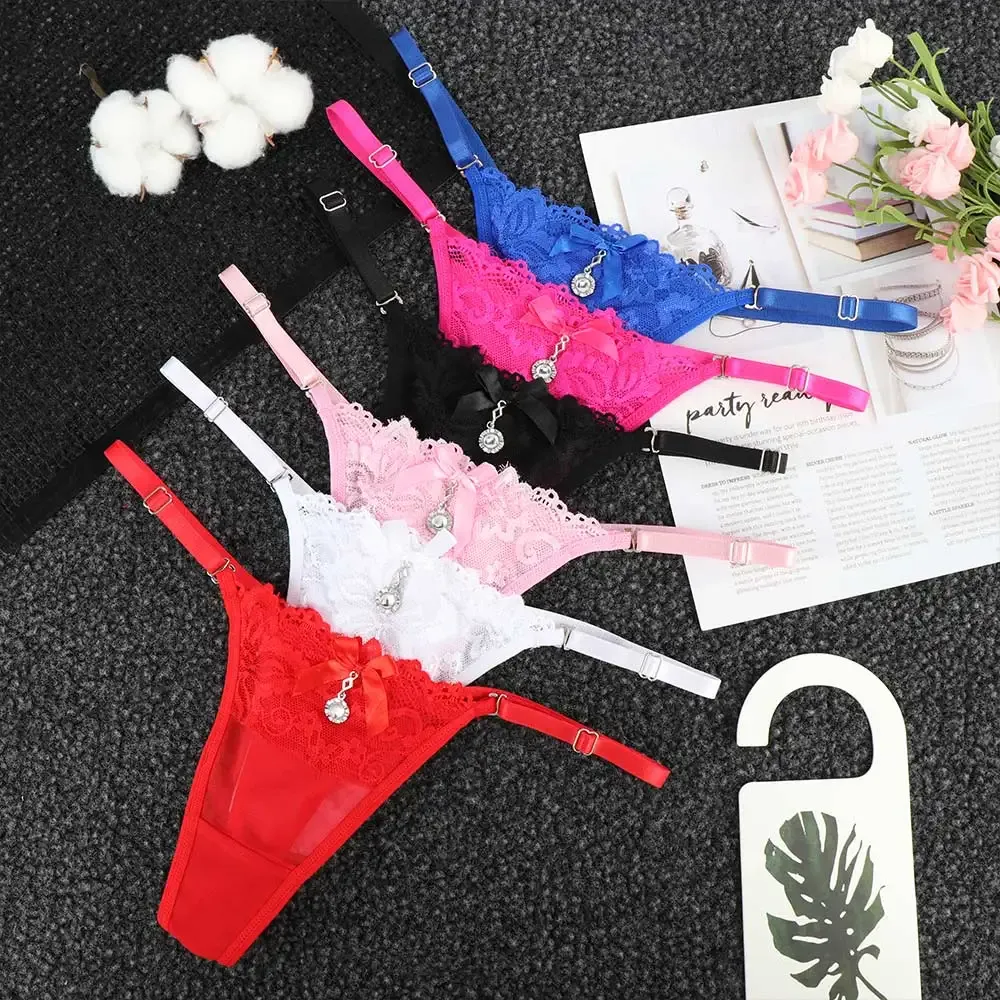 Women's Sexy Lace Thong Panties with Pearl Pendant, Adjustable G-String T-Back Briefs, Comfortable Embroidery Lingerie for Ladies thumbnail 2