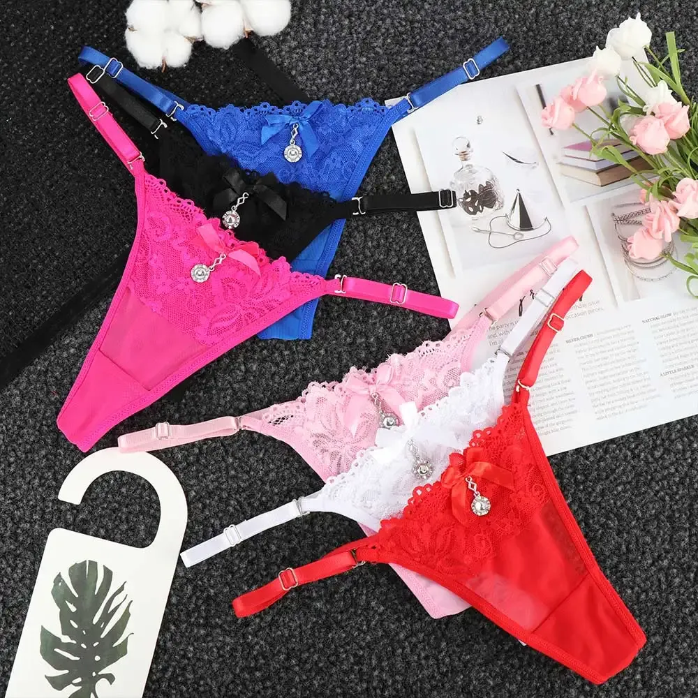 Women's Sexy Lace Thong Panties with Pearl Pendant, Adjustable G-String T-Back Briefs, Comfortable Embroidery Lingerie for Ladies showcase 3