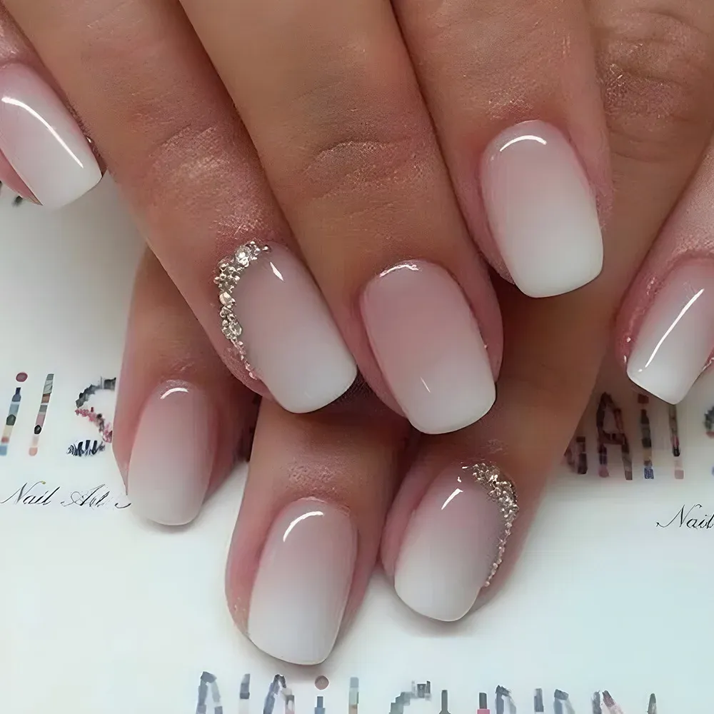 24Pcs Pink White Gradient French Press-On False Nails - Short Square Full Cover ABS Nail Tips with Jelly Glue for Easy Application - Image 4