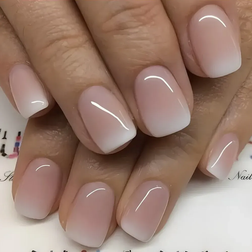 24Pcs Pink White Gradient French Press-On False Nails - Short Square Full Cover ABS Nail Tips with Jelly Glue for Easy Application showcase 1