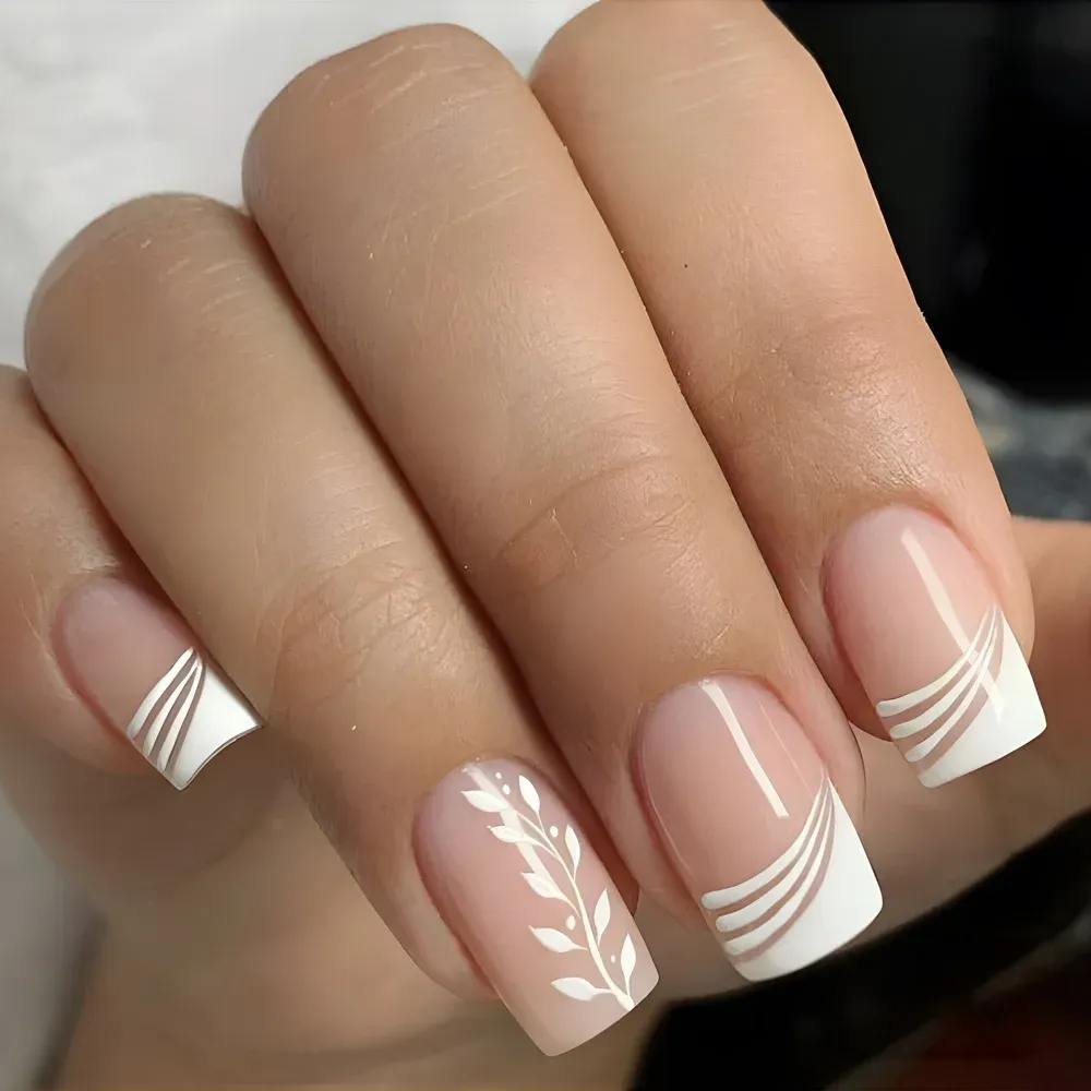 24Pcs Pink White Gradient French Press-On False Nails - Short Square Full Cover ABS Nail Tips with Jelly Glue for Easy Application showcase 3