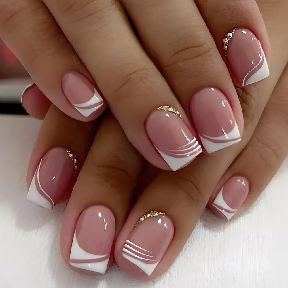 24Pcs Pink White Gradient French Press-On False Nails - Short Square Full Cover ABS Nail Tips with Jelly Glue for Easy Application showcase 4