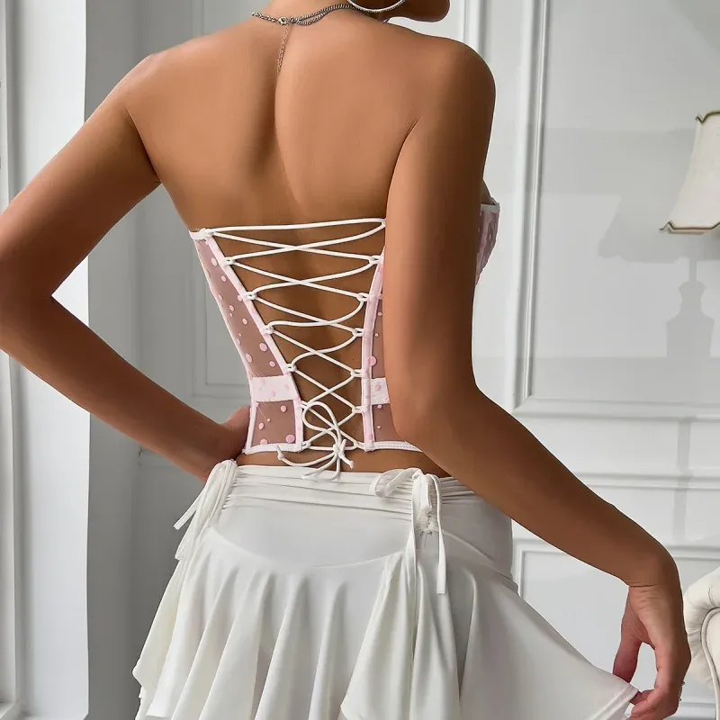 Sexy Y2K Polka Dot Sheer Bustier Crop Top - Lace-Up Corset Boned Waist Sleeveless Summer Clubbing Fashion (Black/White/Pink) - Image 6