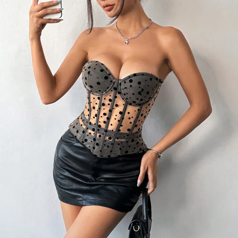 Sexy Y2K Polka Dot Sheer Bustier Crop Top - Lace-Up Corset Boned Waist Sleeveless Summer Clubbing Fashion (Black/White/Pink) - Image 2