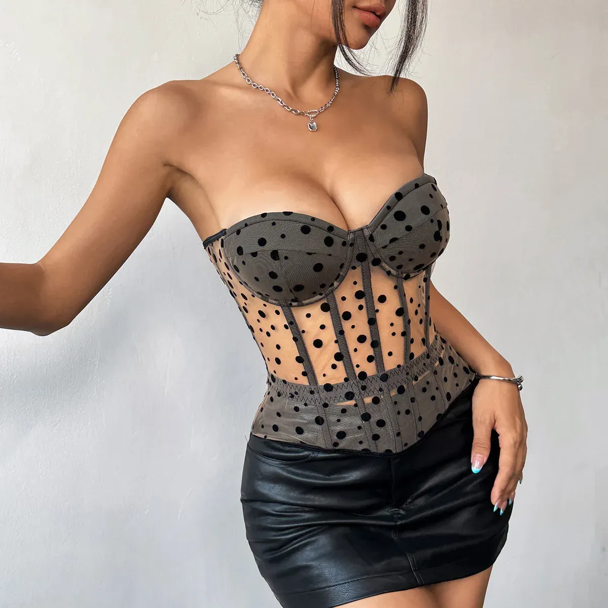 Sexy Y2K Polka Dot Sheer Bustier Crop Top - Lace-Up Corset Boned Waist Sleeveless Summer Clubbing Fashion (Black/White/Pink) showcase 10