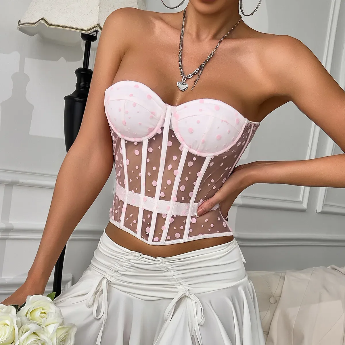 Sexy Y2K Polka Dot Sheer Bustier Crop Top - Lace-Up Corset Boned Waist Sleeveless Summer Clubbing Fashion (Black/White/Pink) showcase 18