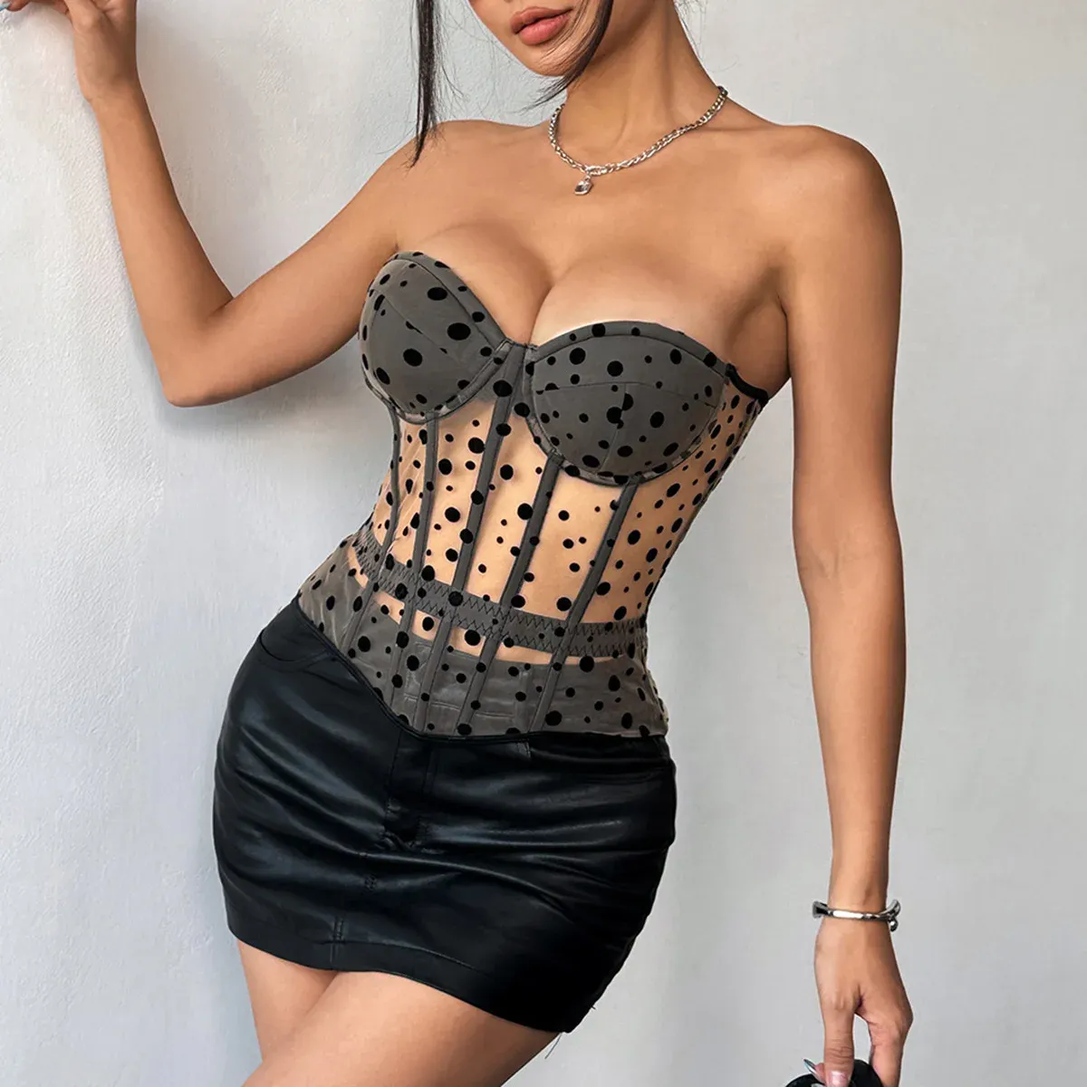 Sexy Y2K Polka Dot Sheer Bustier Crop Top - Lace-Up Corset Boned Waist Sleeveless Summer Clubbing Fashion (Black/White/Pink) showcase 11