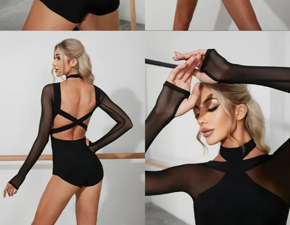 Women's Black Mesh Latin Dance Leotard Top with Conjoined Jumpsuit Design, Backless Style for Cha-cha, Samba, Rumba Training and Performance showcase 3