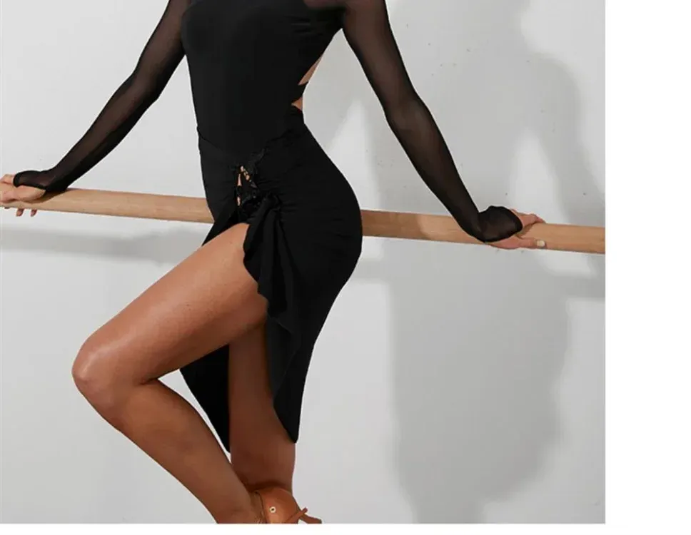 Women's Black Mesh Latin Dance Leotard Top with Conjoined Jumpsuit Design, Backless Style for Cha-cha, Samba, Rumba Training and Performance showcase 17