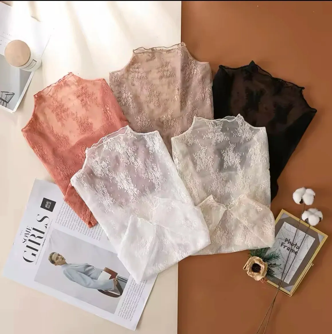 Sexy Women's Sheer Mesh Long Sleeve Crop Top with Lace Detail - See-Through O-Neck Blouse for Fashionable Outings - Image 1