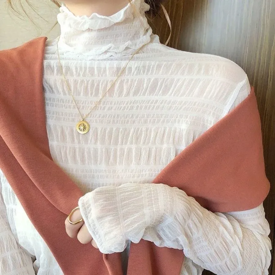 Sexy Women's Sheer Mesh Long Sleeve Crop Top with Lace Detail - See-Through O-Neck Blouse for Fashionable Outings - Image 5