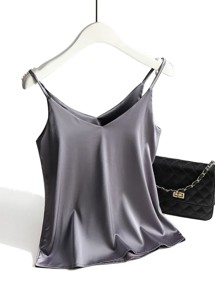 AOSSVIAO Women's Spaghetti Strap Halter Top - Sexy V-Neck Sleeveless Satin Silk Cami Tank for Summer, White, Sizes S-2XL - Image 2