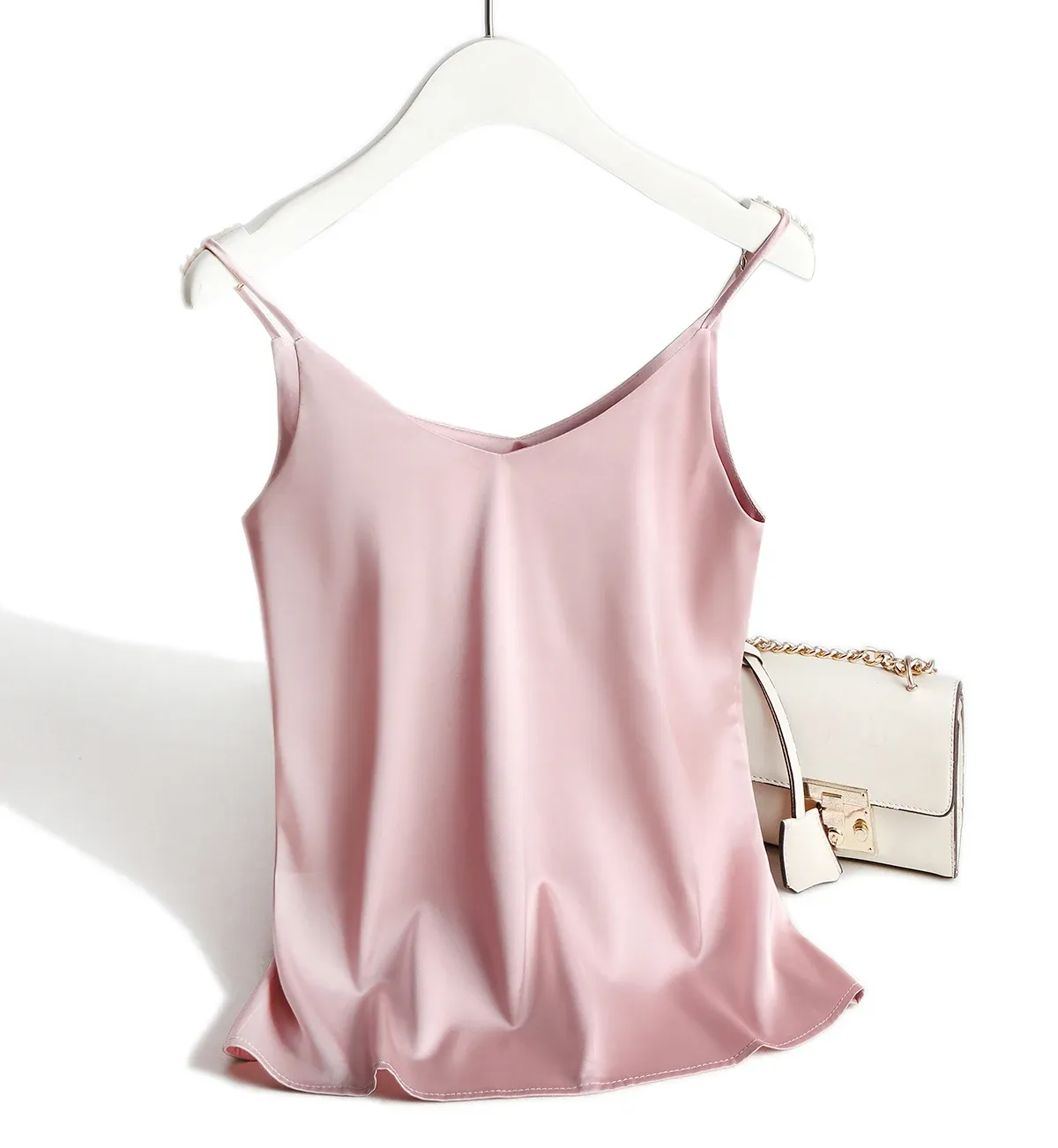 AOSSVIAO Women's Spaghetti Strap Halter Top - Sexy V-Neck Sleeveless Satin Silk Cami Tank for Summer, White, Sizes S-2XL showcase 7