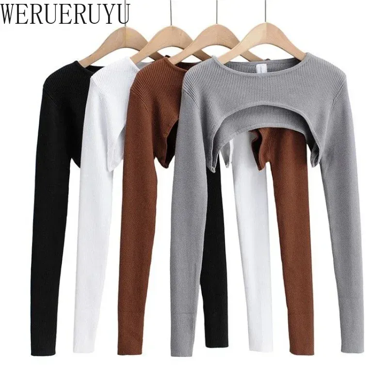 Women's Long Sleeve Crop Top - Y2k Aesthetic Knitted T-Shirt, O-Neck, Black/White, Spring/Autumn Fashion for a Chic Harajuku Look