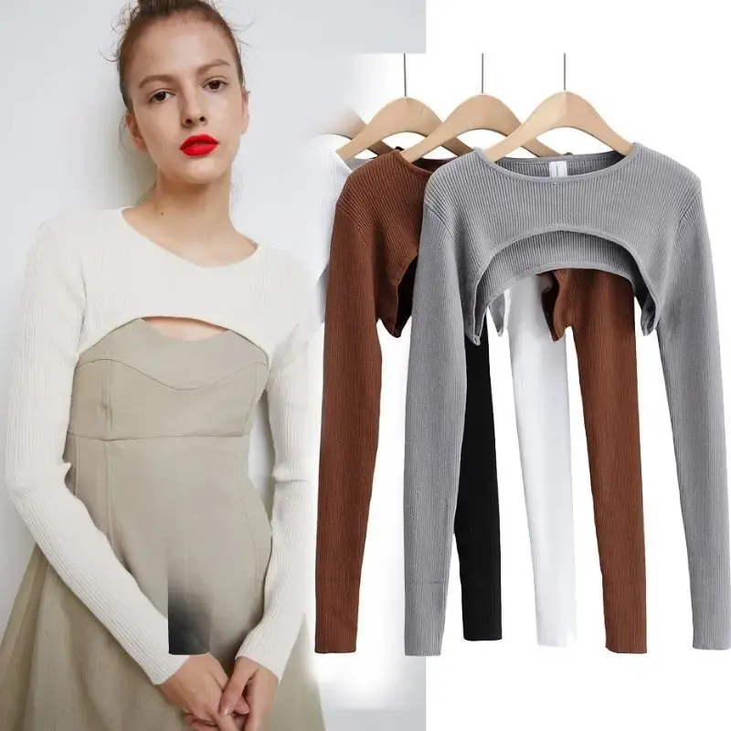 Women's Long Sleeve Crop Top - Y2k Aesthetic Knitted T-Shirt, O-Neck, Black/White, Spring/Autumn Fashion for a Chic Harajuku Look showcase 3