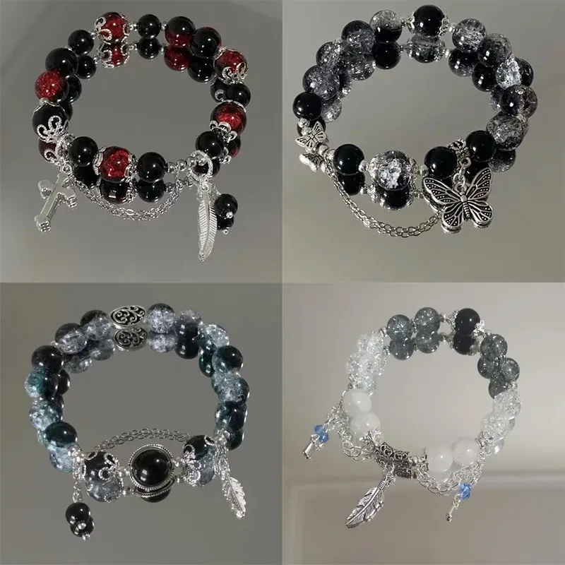 Fashion Feather Butterfly Beaded Bracelet for Women & Girls - Elegant Light Luxury Jewelry Gift, Handmade Glass Beads, Elastic 15cm showcase 1