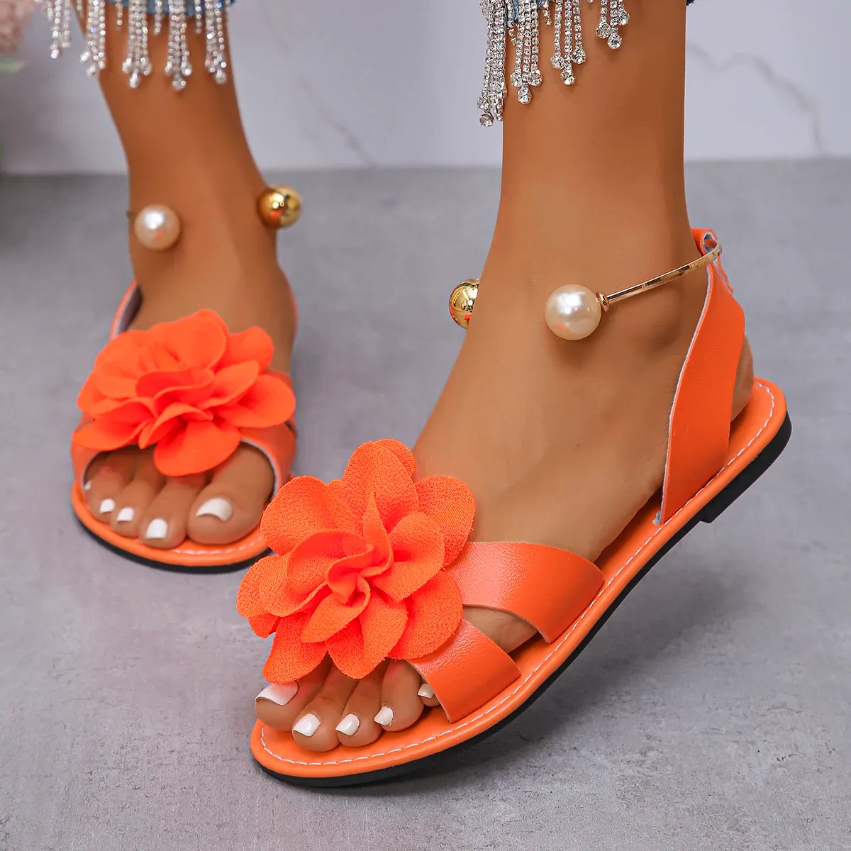 Fashion Flower Pearl Embellished Flat Sandals for Women - Summer New Solid Color Round Head Comfortable Leisure Non-slip Footwear thumbnail 5