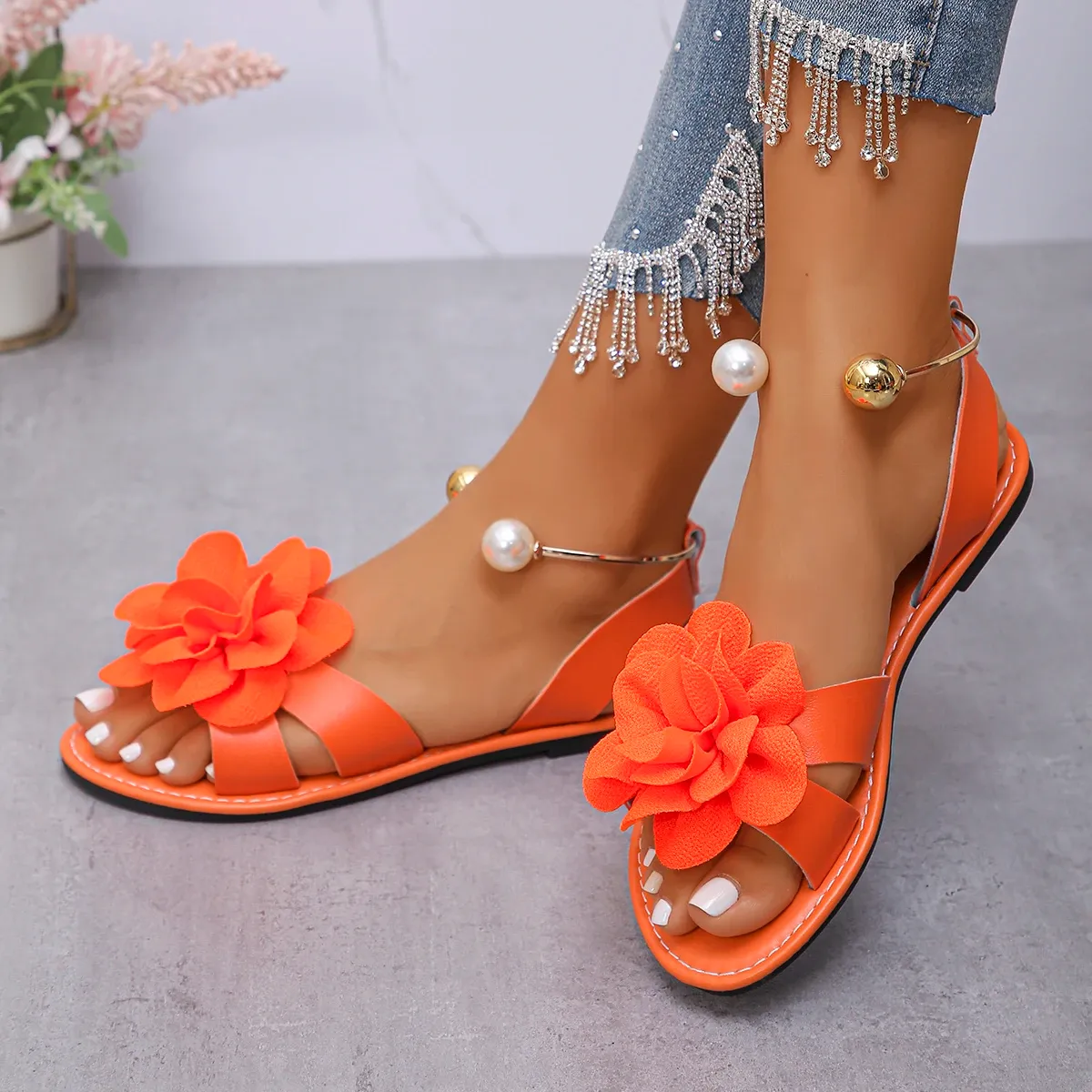 Fashion Flower Pearl Embellished Flat Sandals for Women - Summer New Solid Color Round Head Comfortable Leisure Non-slip Footwear thumbnail 4