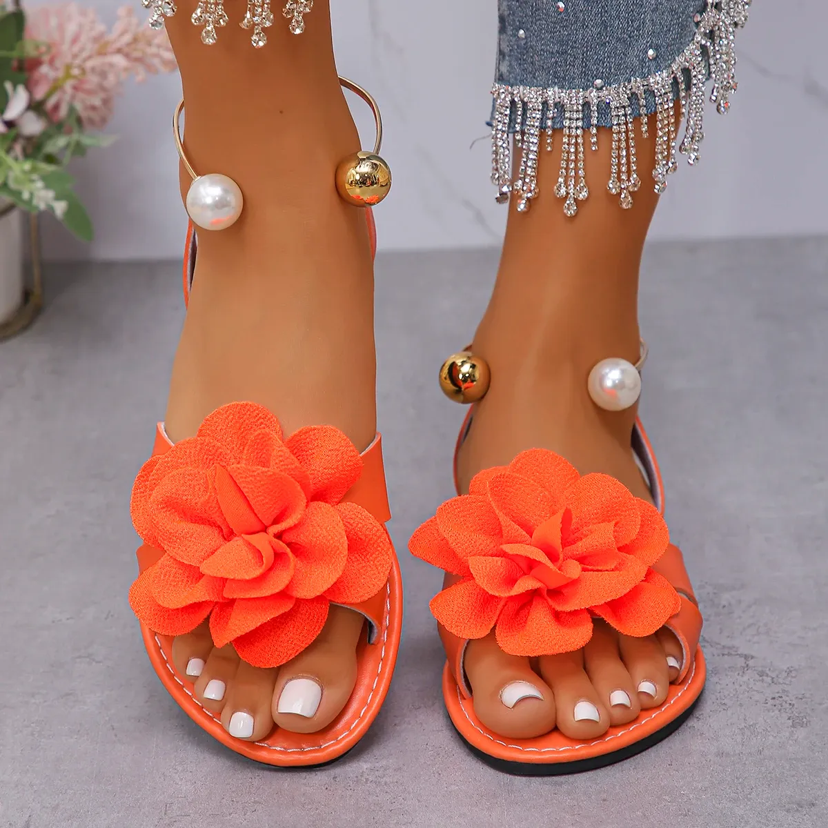 Fashion Flower Pearl Embellished Flat Sandals for Women - Summer New Solid Color Round Head Comfortable Leisure Non-slip Footwear thumbnail 6