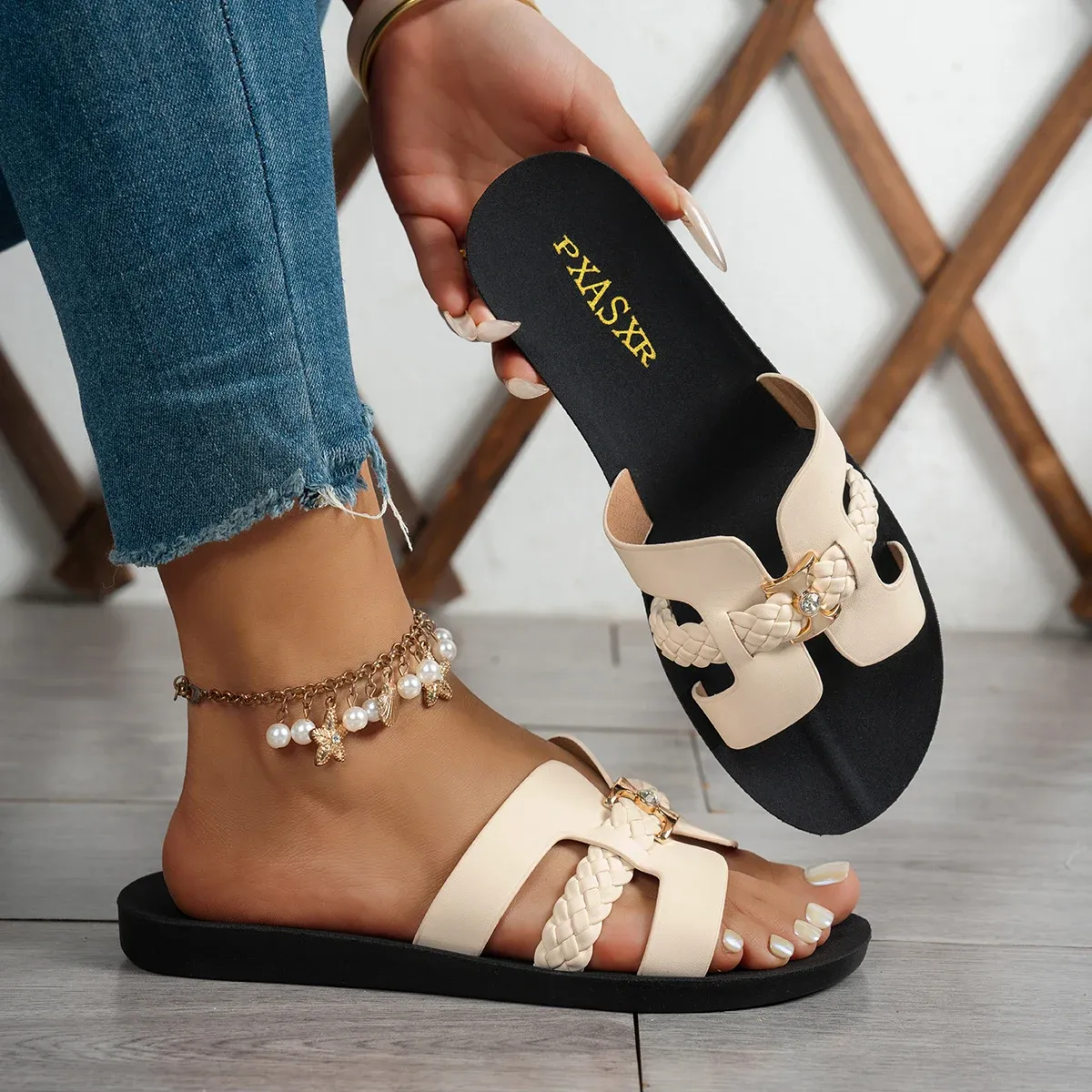Women's Braided Strap Flat Sandals with Gold Rhinestone Buckle - Comfortable & Chic Daily Wear Shoes for Shopping & Outings - Image 1