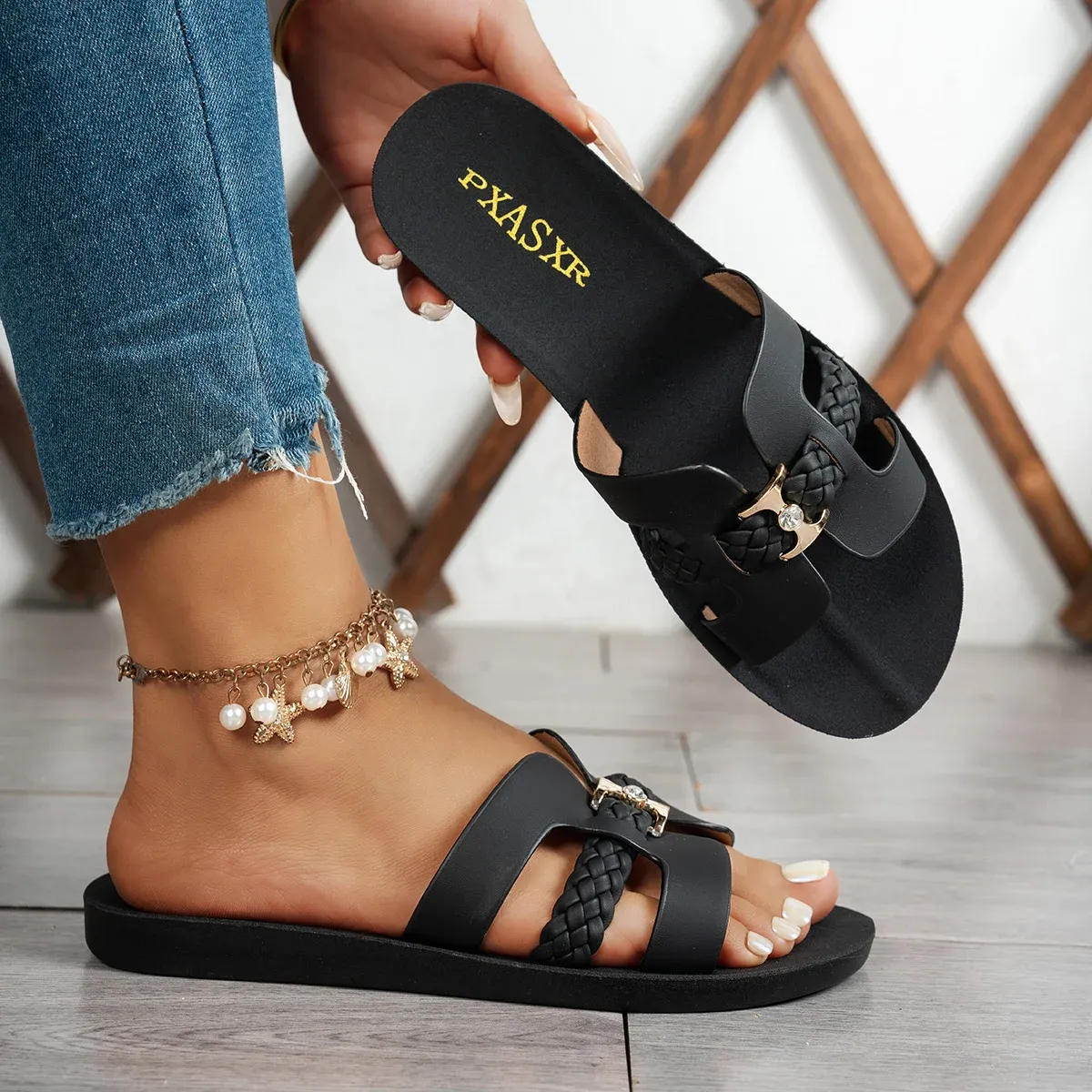 Women's Braided Strap Flat Sandals with Gold Rhinestone Buckle - Comfortable & Chic Daily Wear Shoes for Shopping & Outings - Image 3