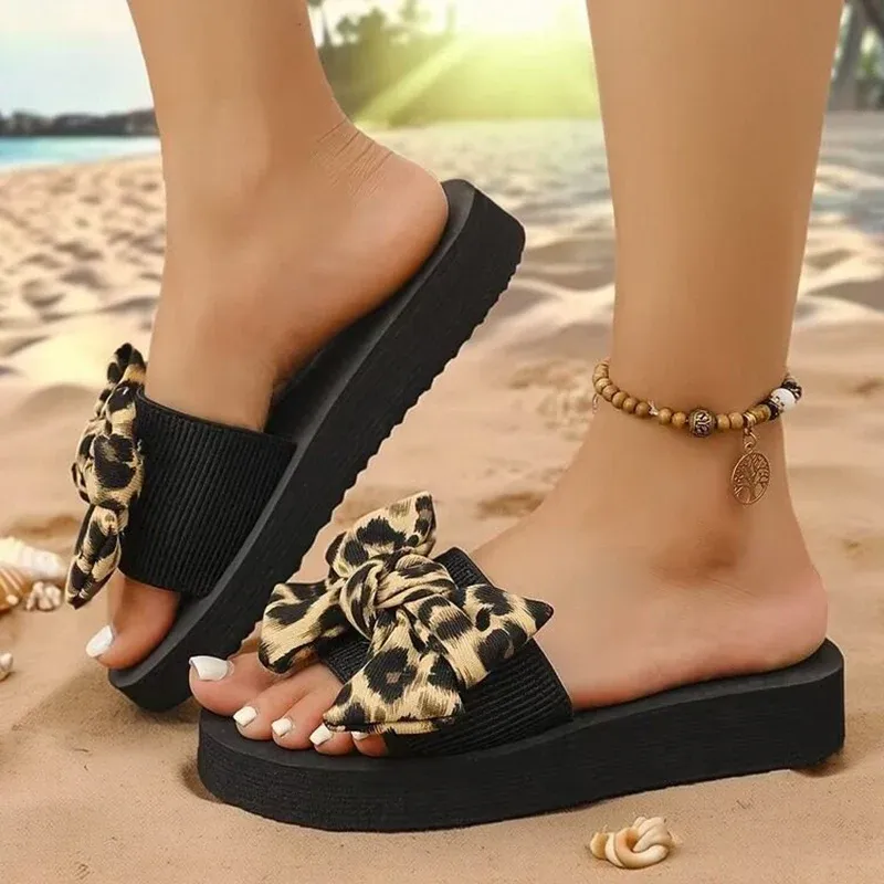Women's Fashion Leopard Print Bow Slippers - Lightweight Comfortable Flat Slides Sandals, Summer Beach Pool Shoes, Plus Size 42 thumbnail 4