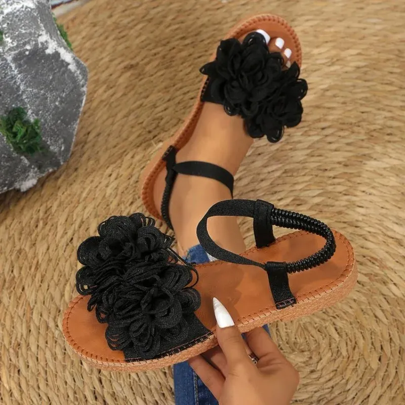Women's White Floral Flat Sandals - Bohemian Summer Beach Casual Shoes with Elastic Ankle Strap, Open Toe Comfort Footwear for Ladies thumbnail 3