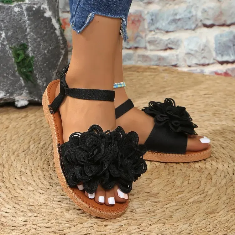 Women's White Floral Flat Sandals - Bohemian Summer Beach Casual Shoes with Elastic Ankle Strap, Open Toe Comfort Footwear for Ladies showcase 5
