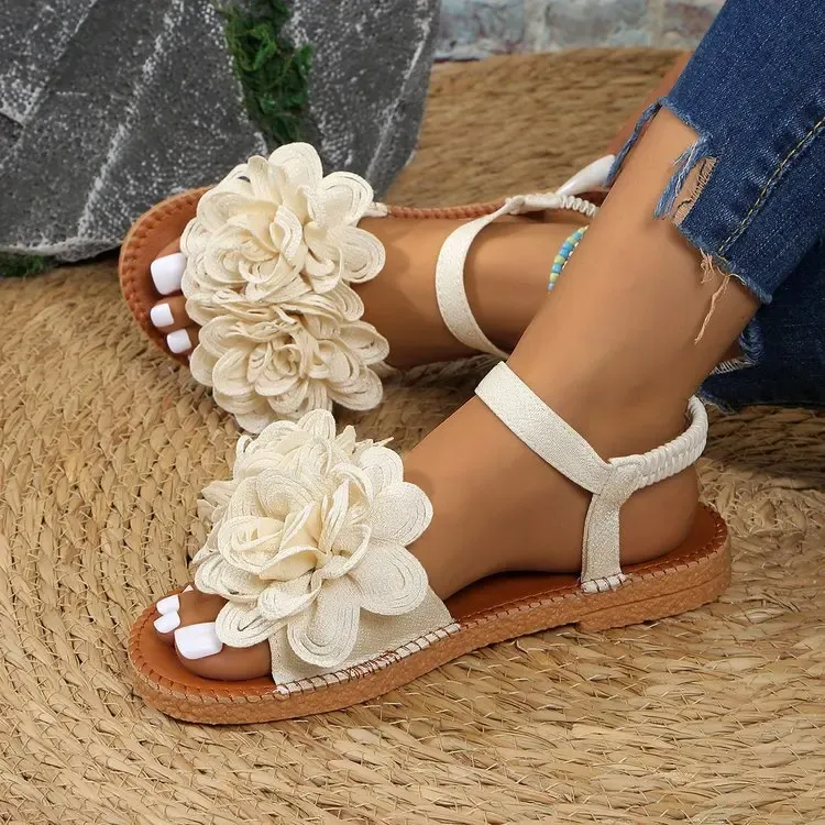 Women's White Floral Flat Sandals - Bohemian Summer Beach Casual Shoes with Elastic Ankle Strap, Open Toe Comfort Footwear for Ladies showcase 10