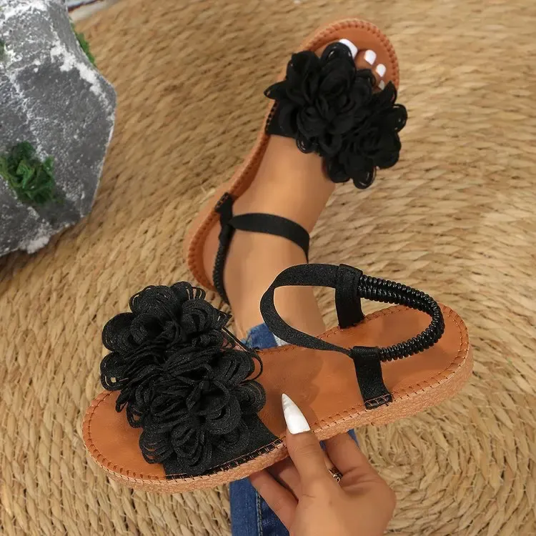 Women's White Floral Flat Sandals - Bohemian Summer Beach Casual Shoes with Elastic Ankle Strap, Open Toe Comfort Footwear for Ladies showcase 3