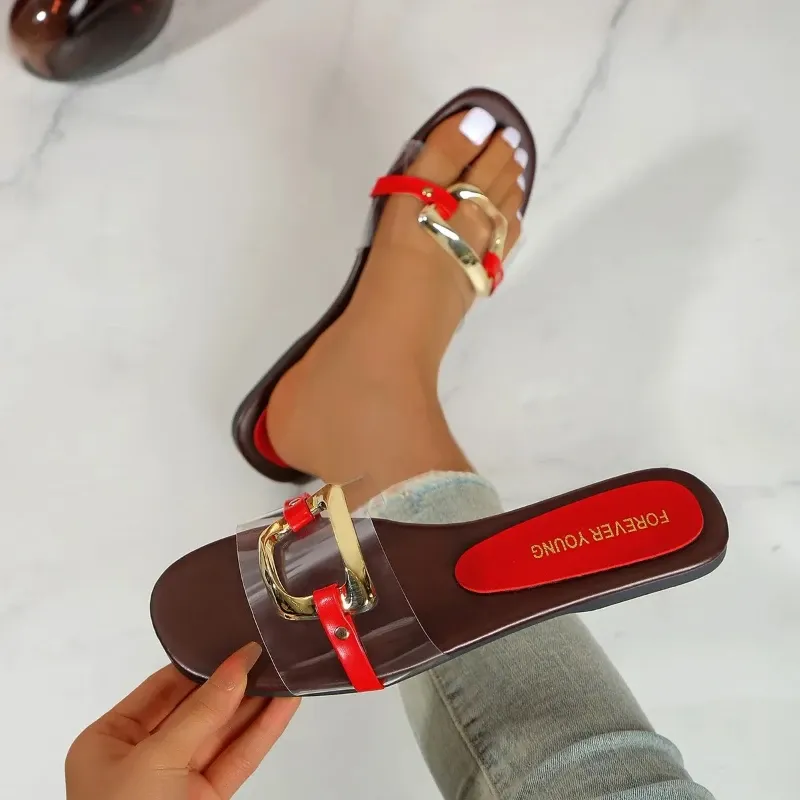 Summer 2025 Women's Fashion Flat Sandals with Metal Strap - Stylish & Comfortable Slip-On Slippers for Everyday Wear thumbnail 6