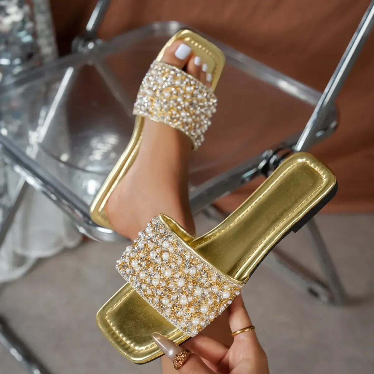 Women's Fashion Rhinestone Flat Sandals - Comfortable Non-Slip Crystal Slides for Summer Beach Wear showcase 11
