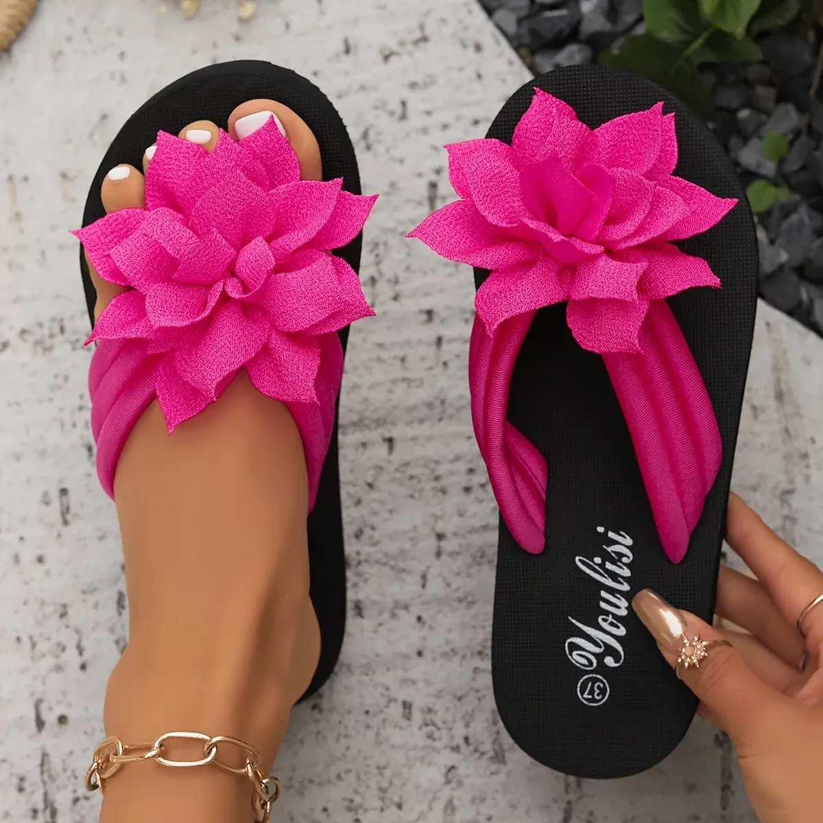 Women's Floral Flip Flops - Slip-On Summer Sandals with Mid Heel, Fabric Upper, EVA Sole for Vacation & Casual Wear thumbnail 6