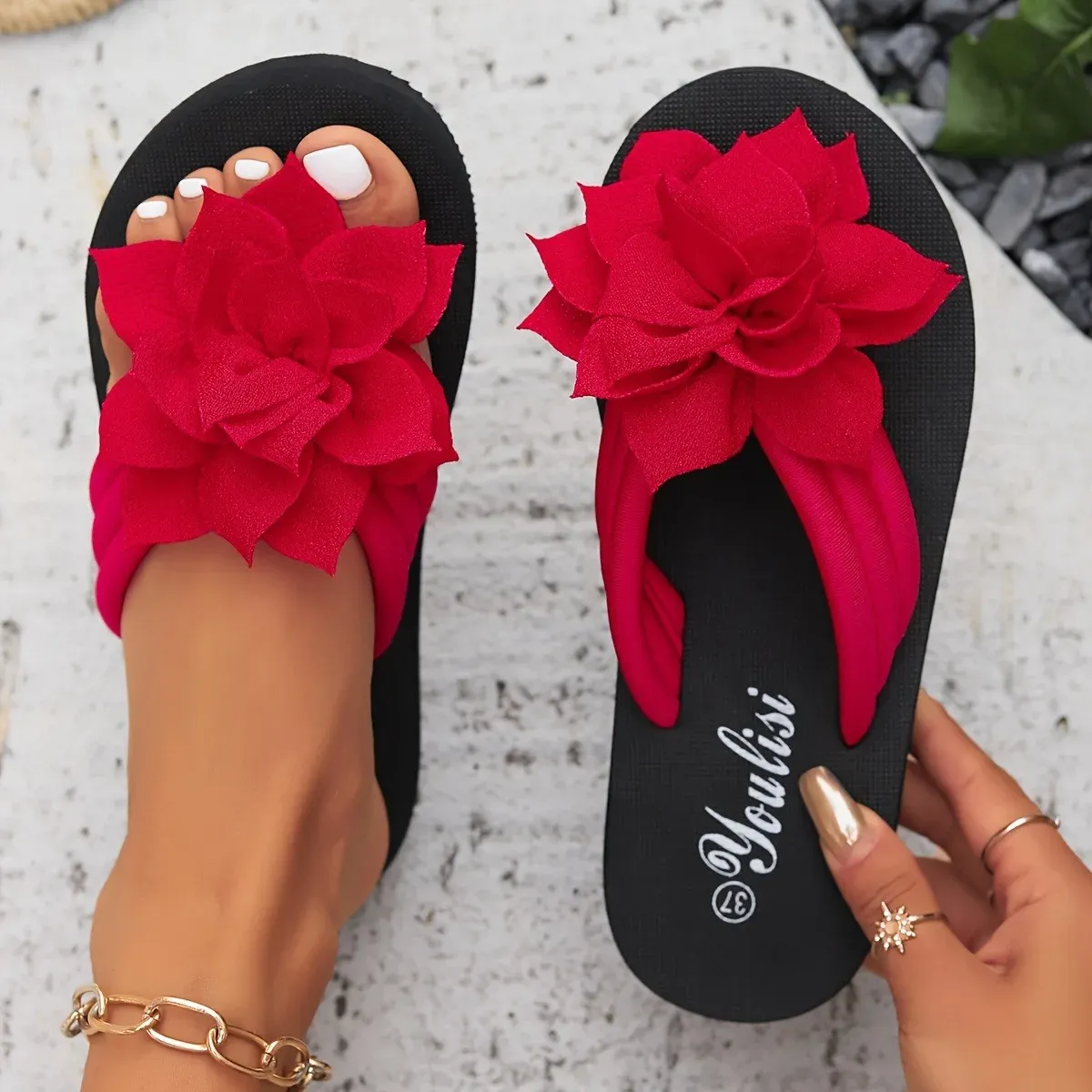 Women's Floral Flip Flops - Slip-On Summer Sandals with Mid Heel, Fabric Upper, EVA Sole for Vacation & Casual Wear thumbnail 4