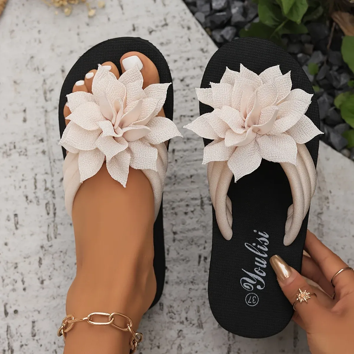 Women's Floral Flip Flops - Slip-On Summer Sandals with Mid Heel, Fabric Upper, EVA Sole for Vacation & Casual Wear showcase 2