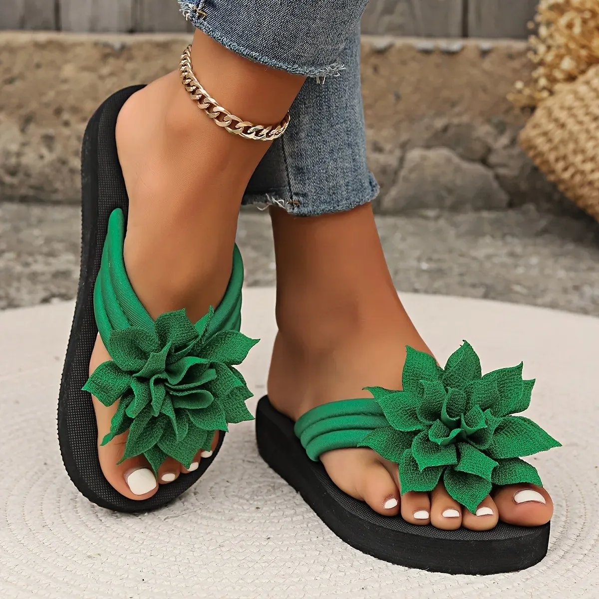 Women's Floral Flip Flops - Slip-On Summer Sandals with Mid Heel, Fabric Upper, EVA Sole for Vacation & Casual Wear showcase 8