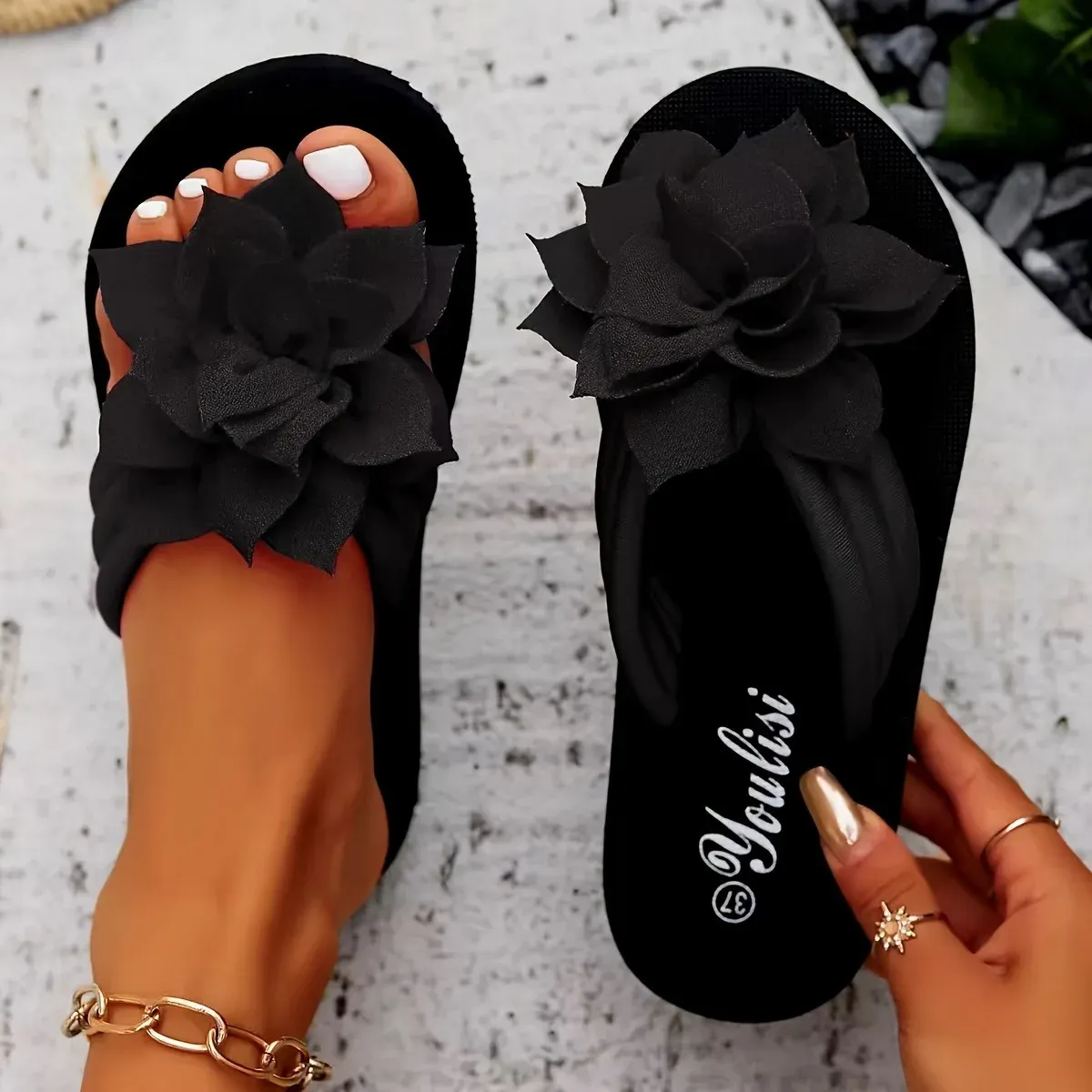 Women's Floral Flip Flops - Slip-On Summer Sandals with Mid Heel, Fabric Upper, EVA Sole for Vacation & Casual Wear showcase 5