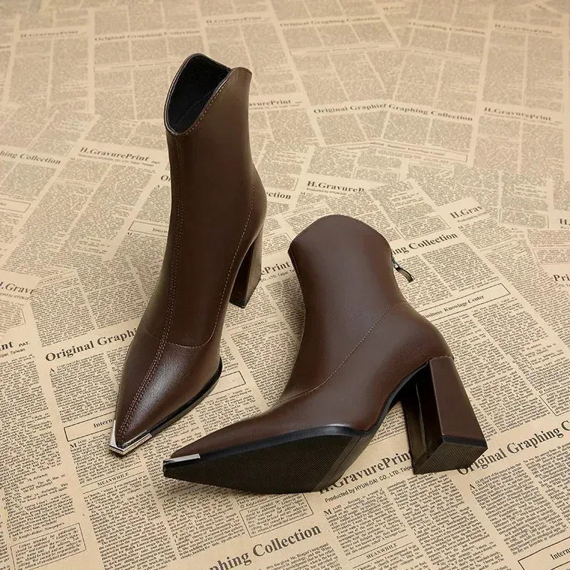 Elegant Women's Pointed Toe Ankle Boots - Fashion Square High Heel with Back Zipper, Chic Winter Footwear for Ladies - Image 1