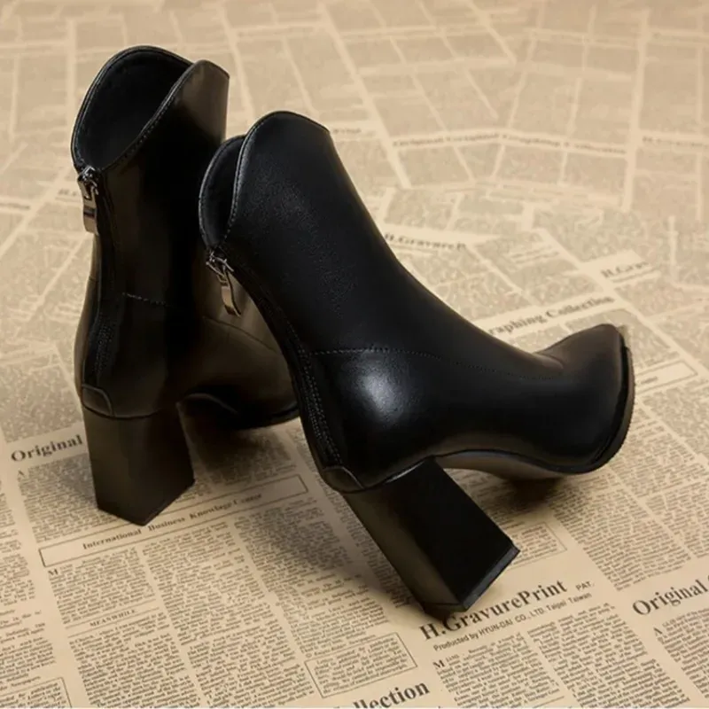 Elegant Women's Pointed Toe Ankle Boots - Fashion Square High Heel with Back Zipper, Chic Winter Footwear for Ladies - Image 4