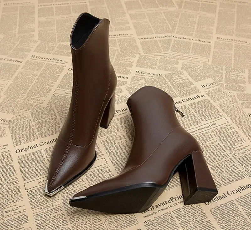 Elegant Women's Pointed Toe Ankle Boots - Fashion Square High Heel with Back Zipper, Chic Winter Footwear for Ladies showcase 11