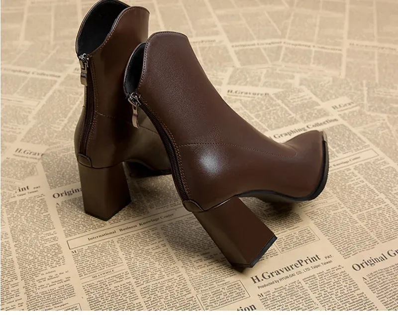 Elegant Women's Pointed Toe Ankle Boots - Fashion Square High Heel with Back Zipper, Chic Winter Footwear for Ladies showcase 14